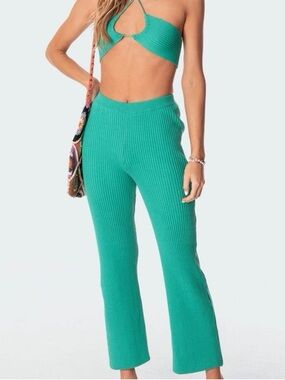 Edikted Kyra knitted Flare Pants in Teal Green